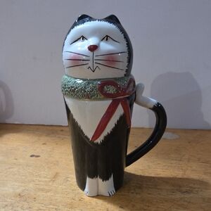 Sakura Cat Mug with Black, Red, and Green Accents With Topper